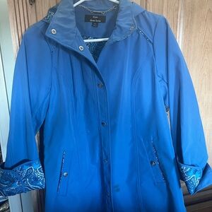 dennis basso Blue Hooded Trench Coat with Paisley Lining